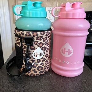 HydroJug Pink and Blue Water Bottles with Leopard Sleeve Half Gallon